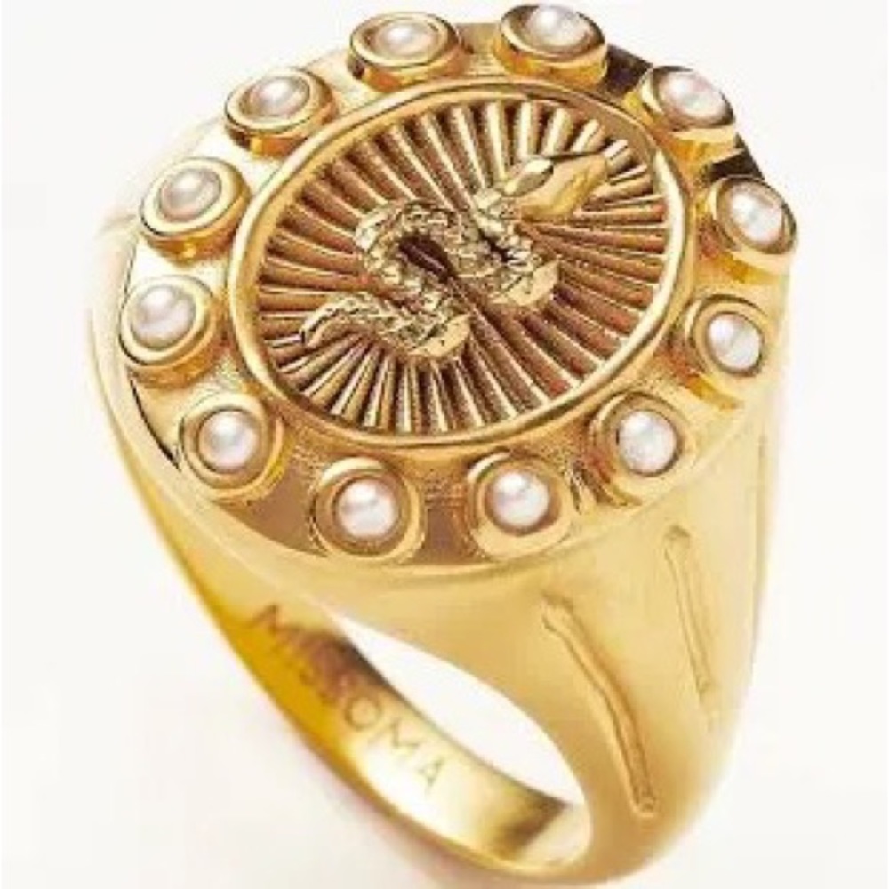 Harris Reed Serpent Pearl Signet Ring |18ct Gold Plated/Pearl. Size 7.